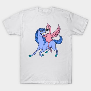 Cartoon flamingo riding on horse T-Shirt